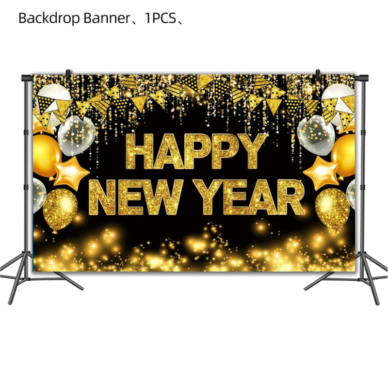 2027 Black Gold Happy New Year Party Set, Banner, Paper Plates, Paper Cups, Tablecloth & Disposable Tableware