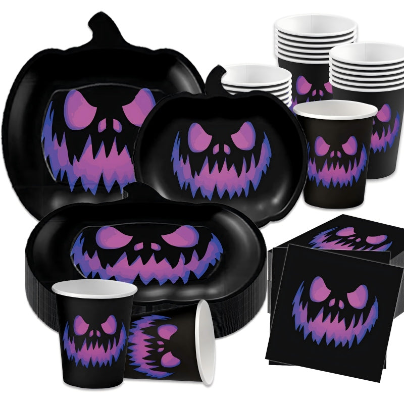 Purple Pumpkin Devil Halloween Party Set – Disposable Plates, Napkins & Cups for Spooky Birthday, Themed Celebration Supplies