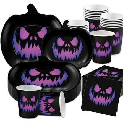 Purple Pumpkin Devil Halloween Party Set – Disposable Plates, Napkins & Cups for Spooky Birthday, Themed Celebration Supplies