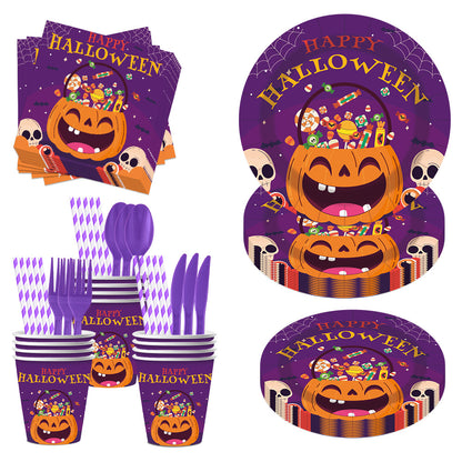 Purple Pumpkin Halloween Party Set – Disposable Plates, Cups, Napkins & Table Decor for Spooky Celebration
