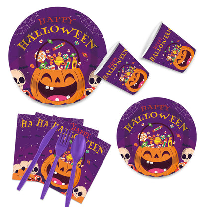 Purple Pumpkin Halloween Party Set – Disposable Plates, Cups, Napkins & Table Decor for Spooky Celebration