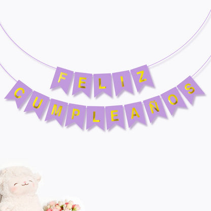 Spanish Happy Birthday Banner – Foil Stamped Fish Tail Pennant Garland, Gold Lettering Party Bunting for Spanish Celebration Decor