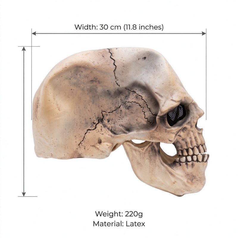 Realistic skull mask dimension diagram showing side profile depth