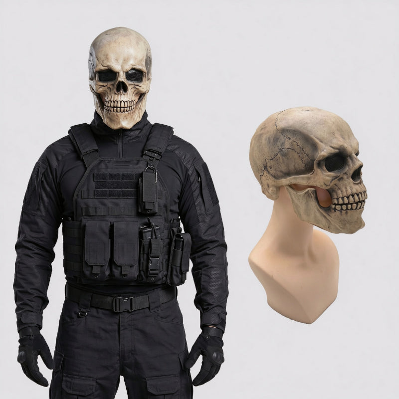 Realistic skull mask paired with tactical cosplay costume setup
