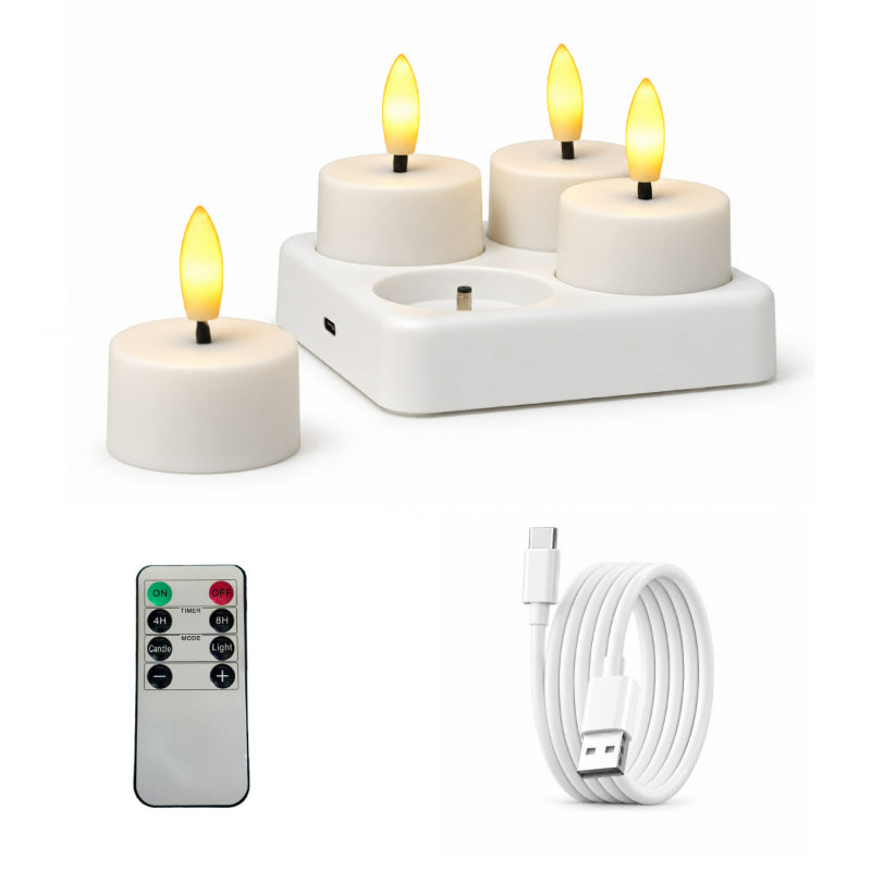 Rechargeable LED tea light flat top 4-light set with charging base and remote
