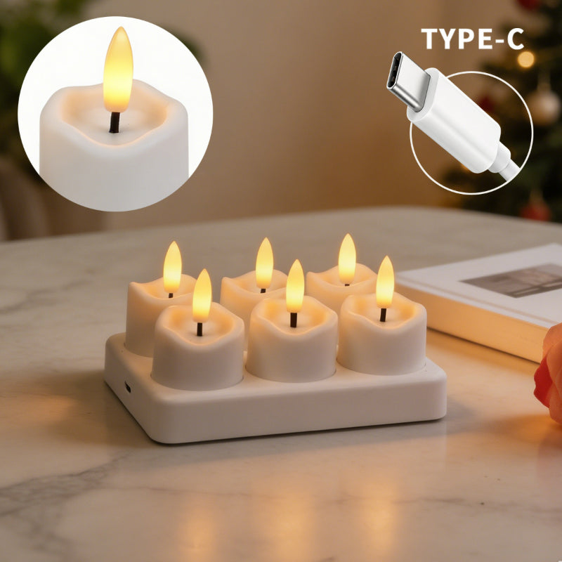 Rechargeable LED tea light slanted wavy top 6-light set with charging base and remote