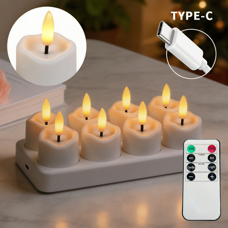 Rechargeable LED tea light slanted wavy top 8-light set with charging base and remote
