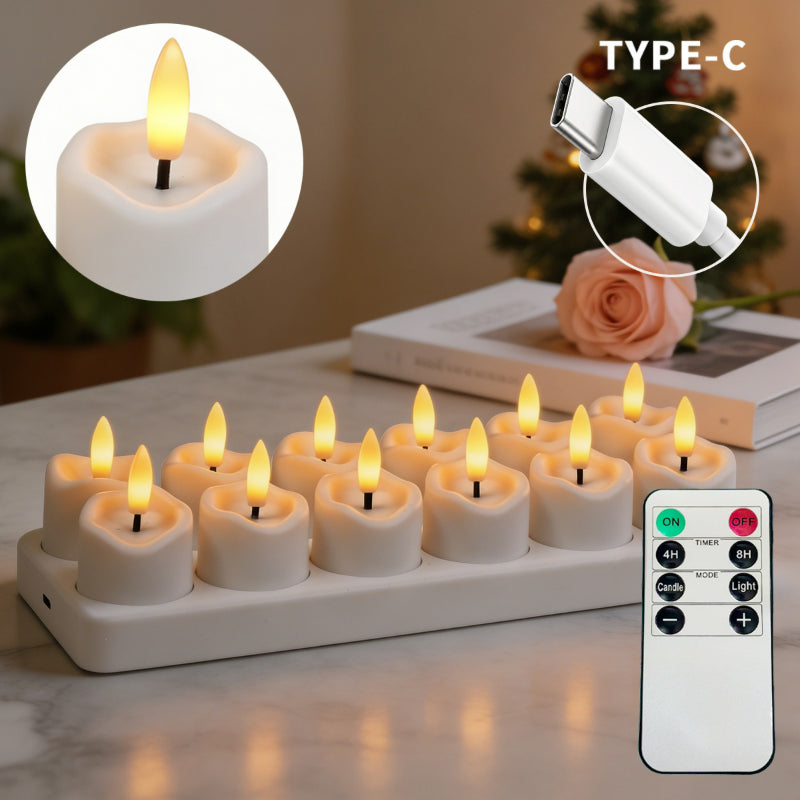 Rechargeable LED tea light slanted wavy top 12-light set with charging base and remote