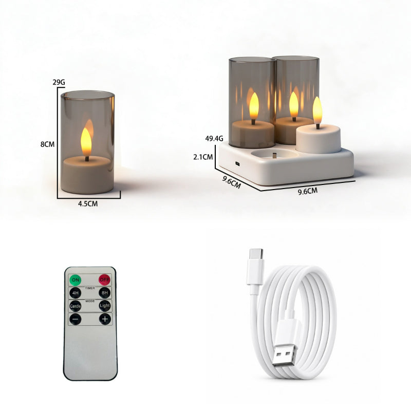 Rechargeable LED tea light flat top with grey frosted cups 4-light set with charging base and remote