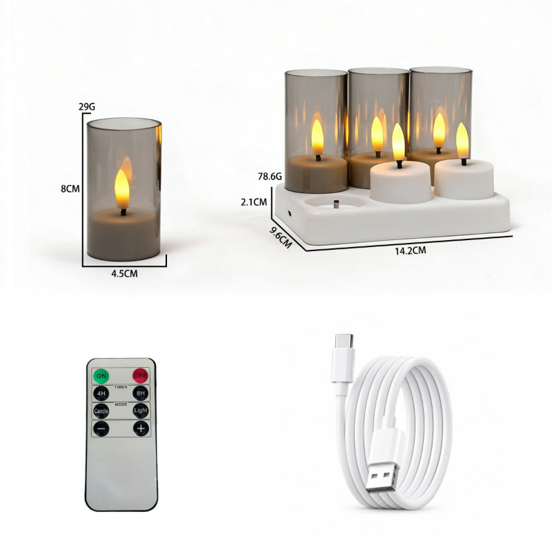 Rechargeable LED tea light flat top with grey frosted cups 6-light set with charging base and remote