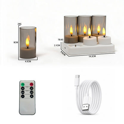 Rechargeable LED tea light flat top with grey frosted cups 6-light set with charging base and remote