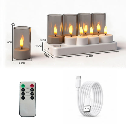 Rechargeable LED tea light flat top with grey frosted cups 8-light set with charging base and remote
