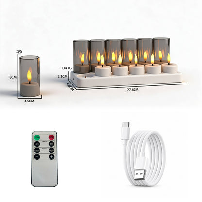 Rechargeable LED tea light flat top with grey frosted cups 12-light set with charging base and remote
