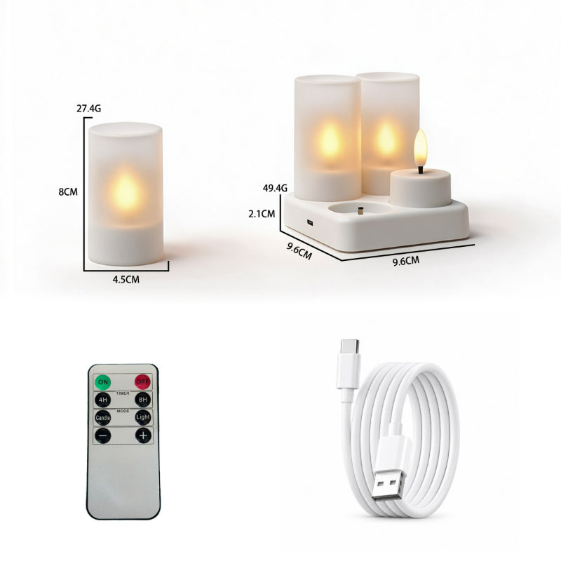 Rechargeable LED tea light flat top with white frosted cups 4-light set with charging base and remote
