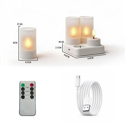 Rechargeable LED tea light flat top with white frosted cups 4-light set with charging base and remote