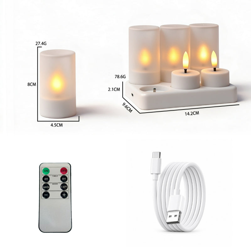 Rechargeable LED tea light flat top with white frosted cups 6-light set with charging base and remote