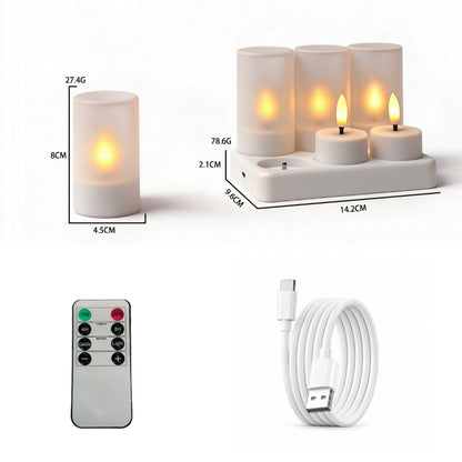 Rechargeable LED tea light flat top with white frosted cups 6-light set with charging base and remote