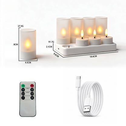 Rechargeable LED tea light flat top with white frosted cups 8-light set with charging base and remote