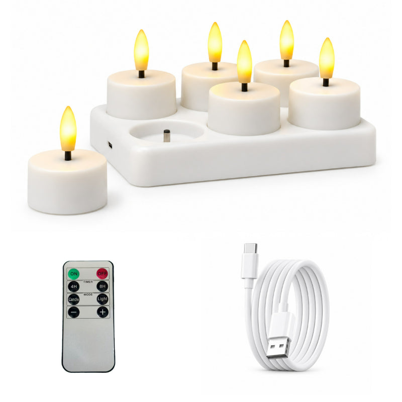 Rechargeable LED tea light flat top 6-light set with charging base and remote