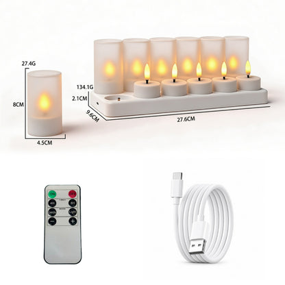 Rechargeable LED tea light flat top with white frosted cups 12-light set with charging base and remote
