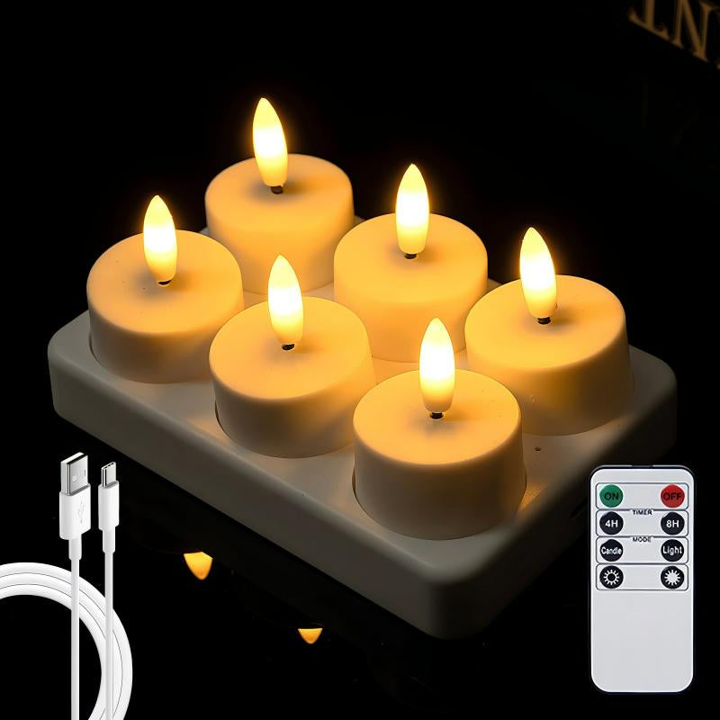 Rechargeable LED tea light 6-light set illuminated warm light on charging base
