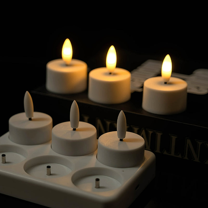 Rechargeable LED tea light charging station base contact and power demonstration