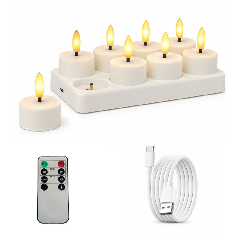 Rechargeable LED tea light flat top 8-light set with charging base and remote