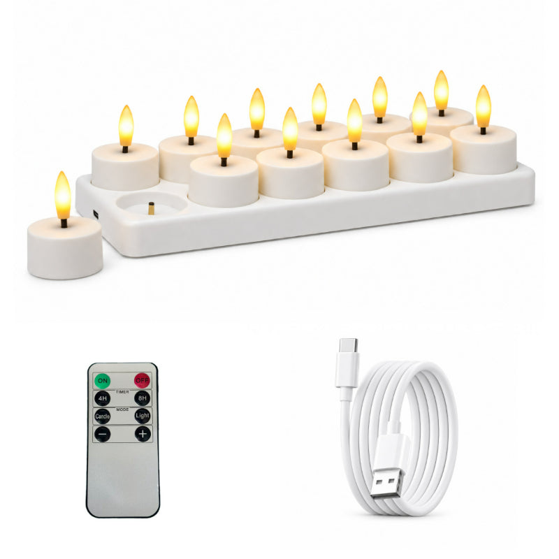 Rechargeable LED tea light flat top 12-light set with charging base and remote