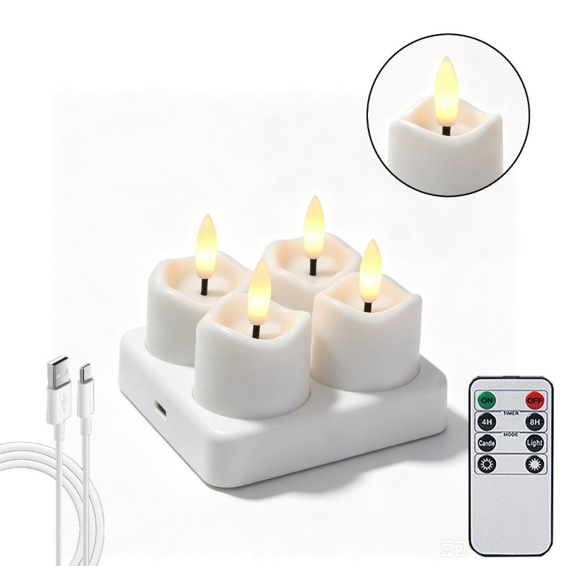 Rechargeable LED tea light wavy top 4-light set with charging base and remote