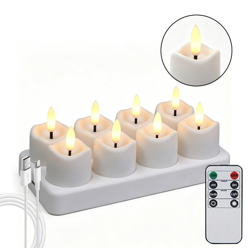 Rechargeable LED tea light wavy top 8-light set with charging base and remote