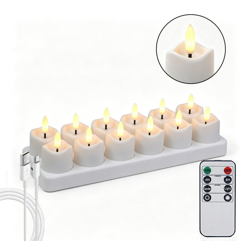 Rechargeable LED tea light wavy top 12-light set with charging base and remote