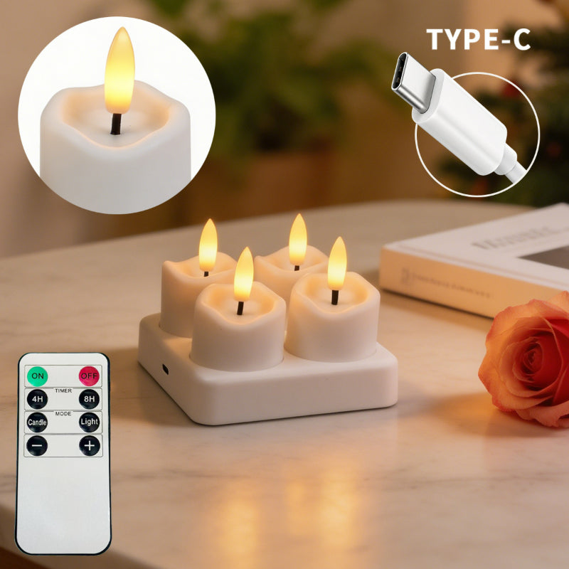 Rechargeable LED tea light slanted wavy top 4-light set with charging base and remote