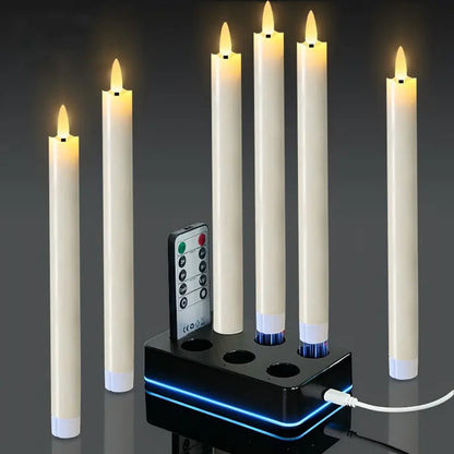 Rechargeable paraffin LED taper candle 6-piece set with black charging dock and Type-C cable