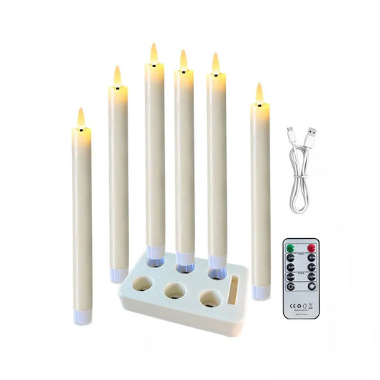 Rechargeable paraffin LED taper candle 6-piece set with white charging dock remote and USB cable