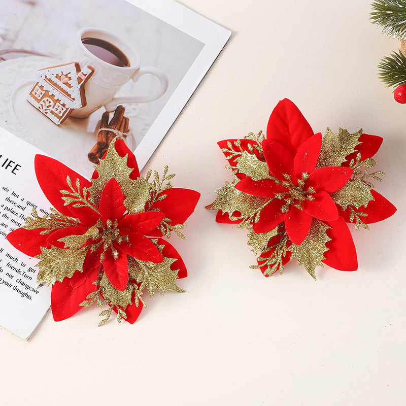 Realistic Faux Christmas Flowers with Glitter – Artificial Poinsettia Heads for Wreath Making, Tree Ornaments & Holiday DIY Projects (Champagne/Red‑Gold/Gold/Silver/Red, 14cm)