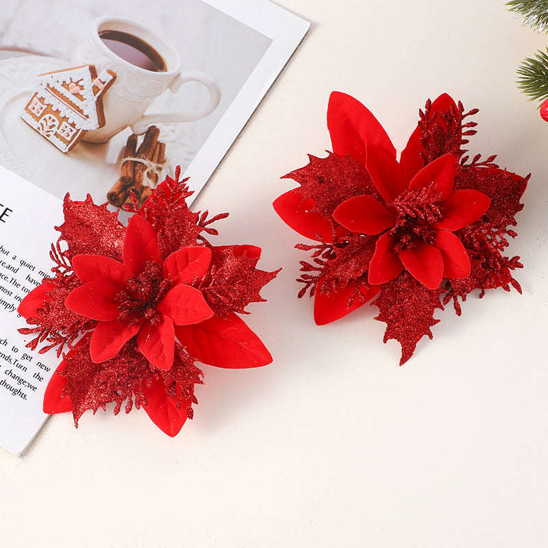 Realistic Faux Christmas Flowers with Glitter – Artificial Poinsettia Heads for Wreath Making, Tree Ornaments & Holiday DIY Projects (Champagne/Red‑Gold/Gold/Silver/Red, 14cm)