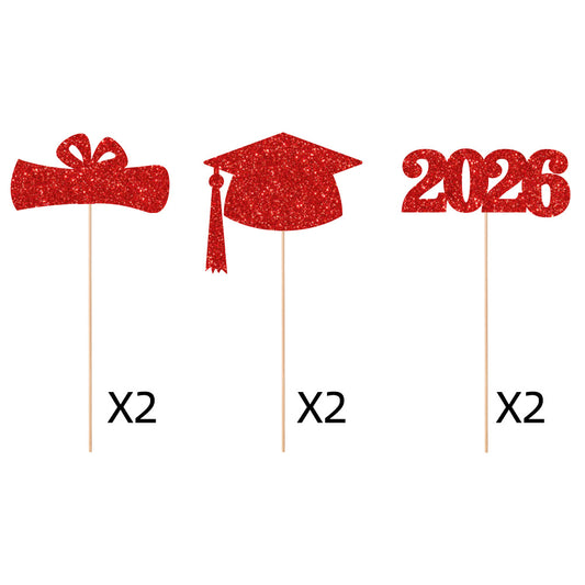 2026 Graduation Vase Picks | Glitter Cardstock Party Decorations | 6pcs per Pack