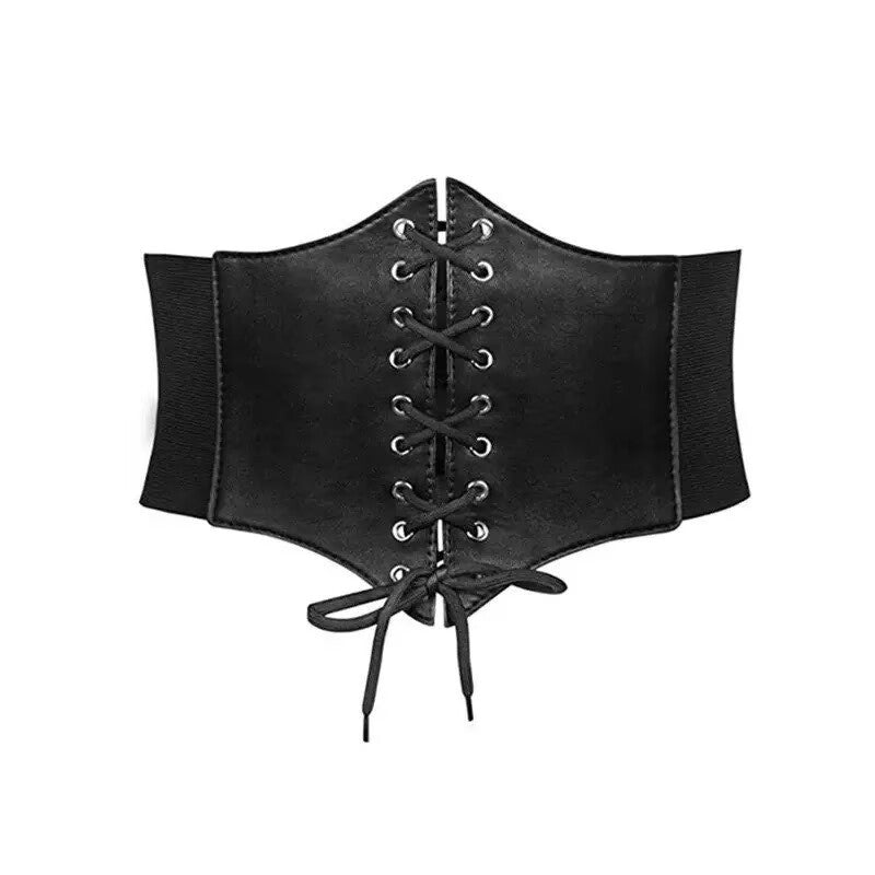 Vintage black faux leather lace up elastic corset waist belt