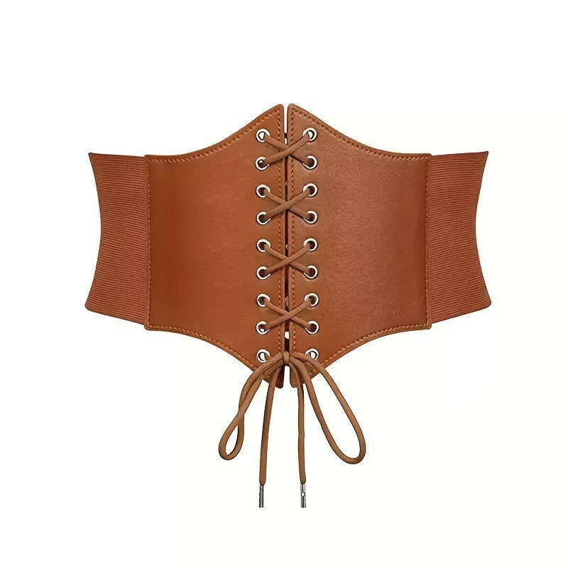 Renaissance brown faux leather lace up elastic corset waist belt