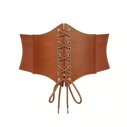 Renaissance brown faux leather lace up elastic corset waist belt