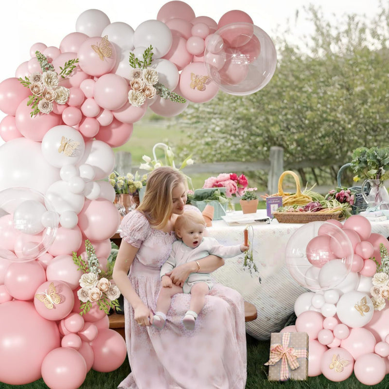 Retro balloon garland kit blush pink outdoor lawn arch