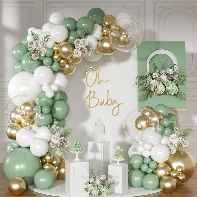 Retro balloon garland kit sage green and gold arch