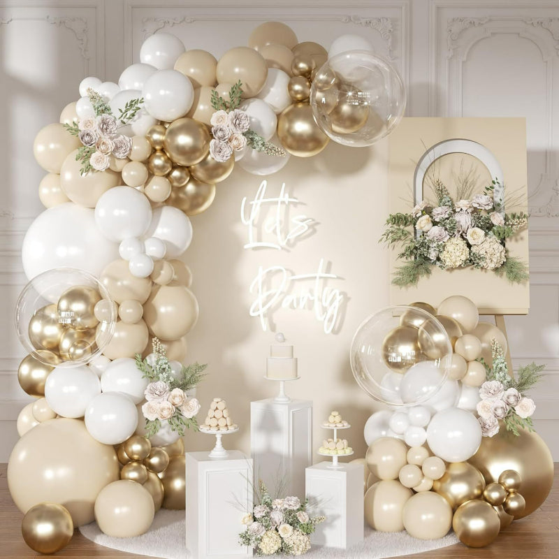 Retro balloon garland kit champagne gold and white arch