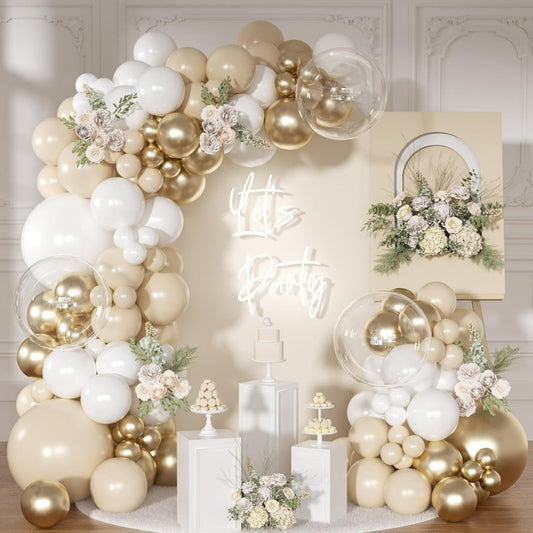 Retro balloon garland kit champagne gold and white arch