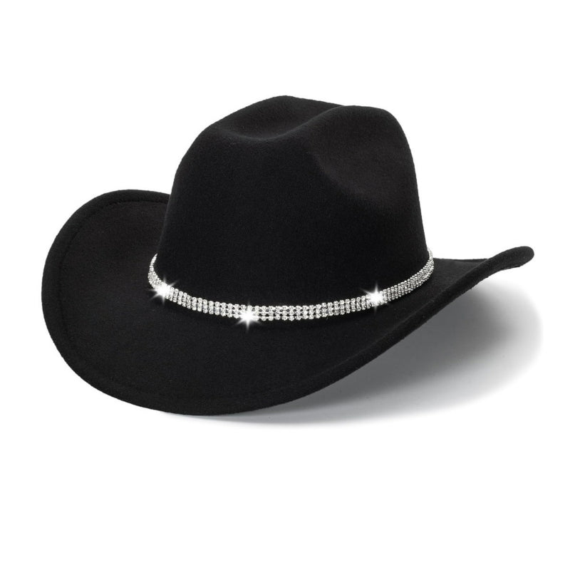 Black felt cowboy hat with single-row rhinestone band