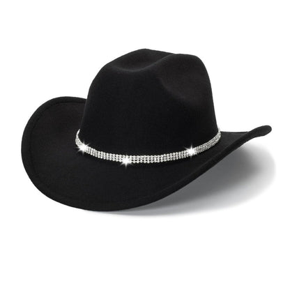 Black felt cowboy hat with single-row rhinestone band