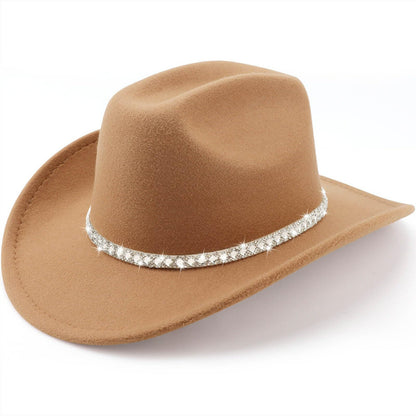 Camel felt cowboy hat with double-row crystal rhinestone band