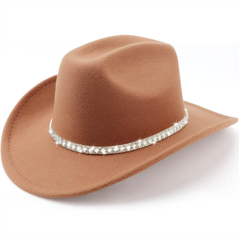 Light brown felt cowboy hat with double-row crystal rhinestone band