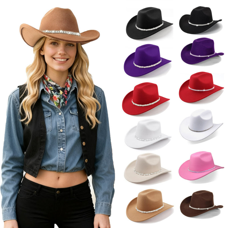 Wholesale rhinestone band cowboy hat worn by model with 11-color product 