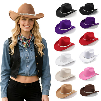 Wholesale rhinestone band cowboy hat worn by model with 11-color product 